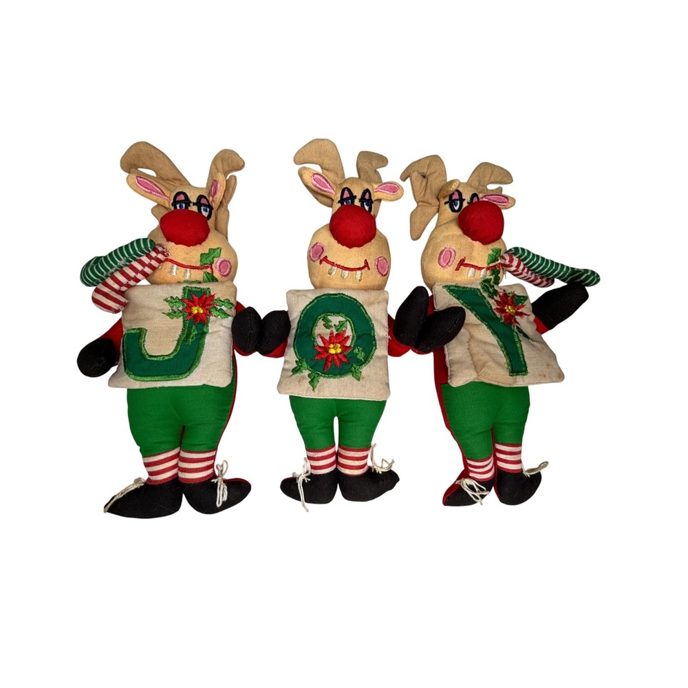 Vintage 1980s JOY Reindeer Trio Country Christmas Decor Embroidered Letters